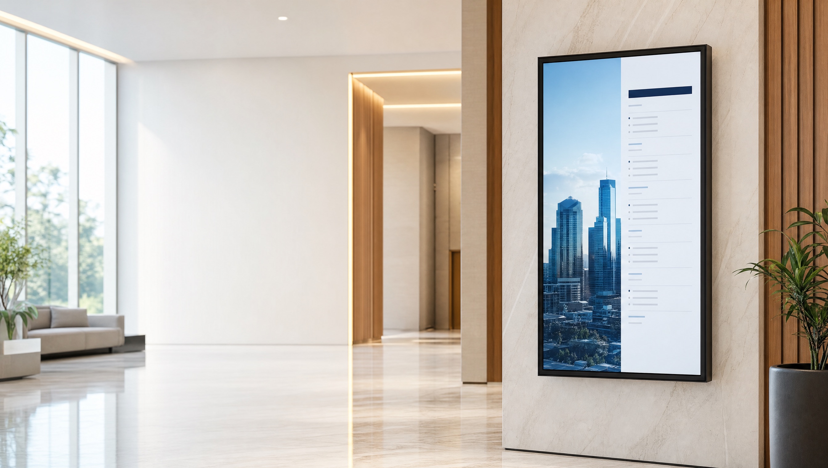 Digital building directory screen in a modern lobby