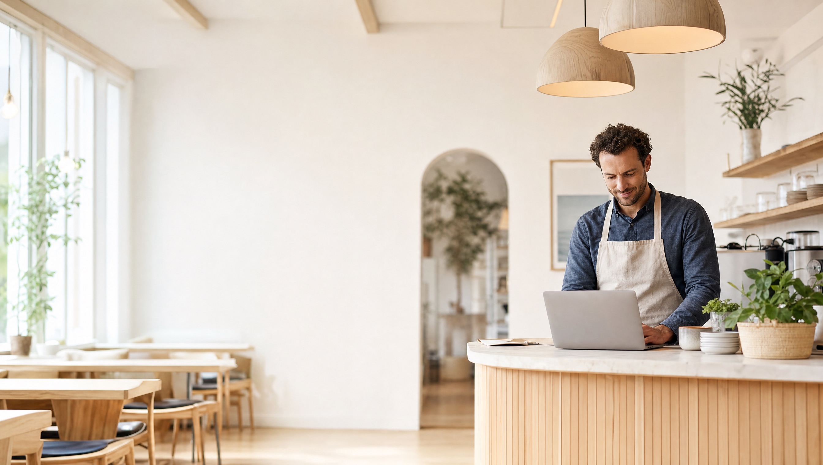 Small business owner checking AI search visibility on a laptop